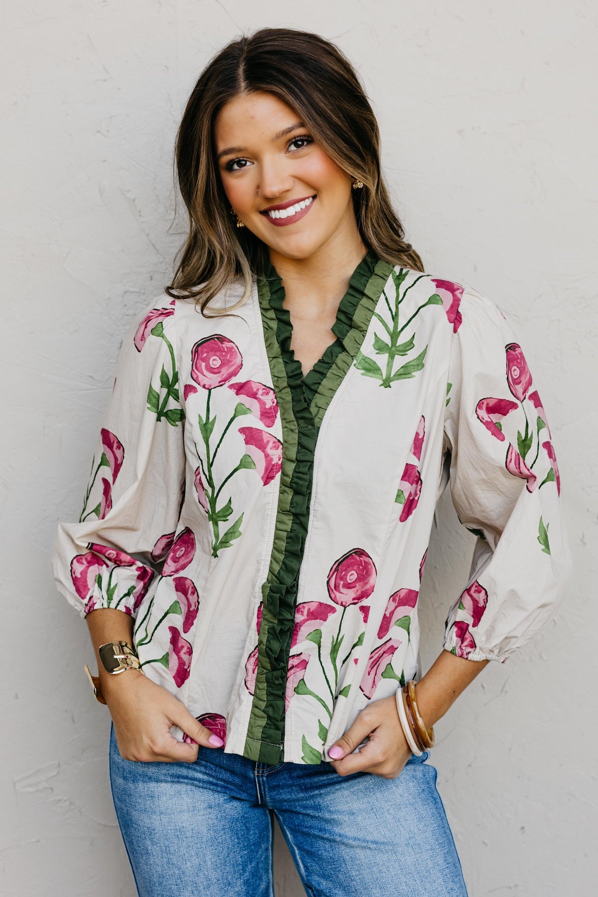 The Rosey Floral Woven Ruffle Blouse