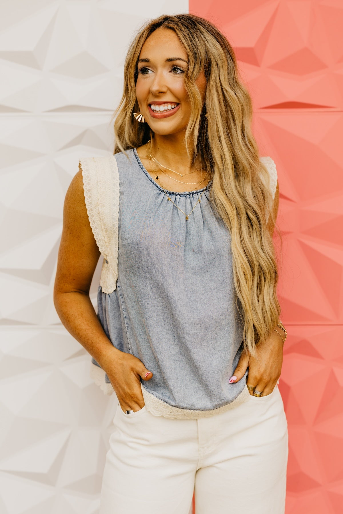 The Omari Chambray Lace Top