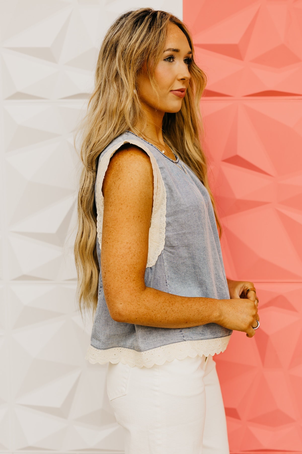 The Omari Chambray Lace Top