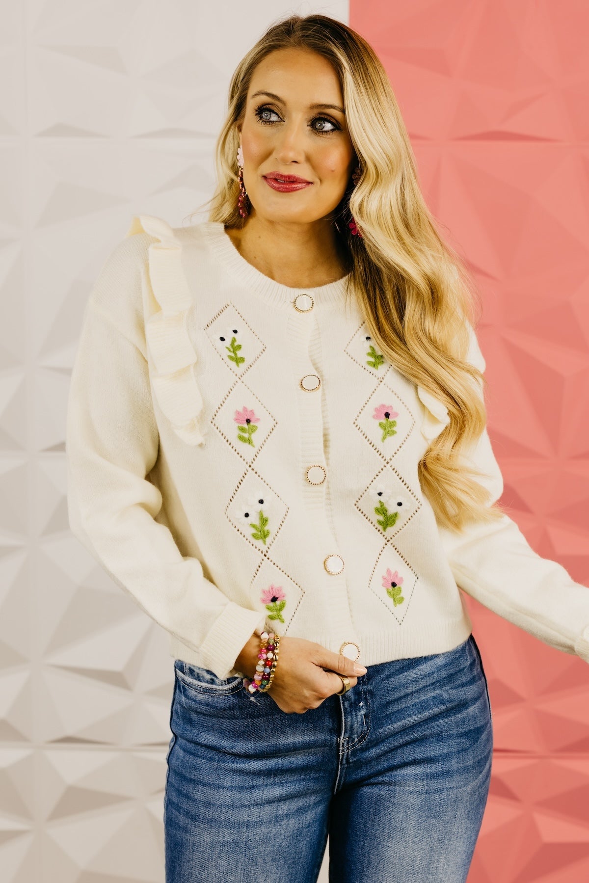 The Everly Crochet Ruffle Button-Down Cardigan