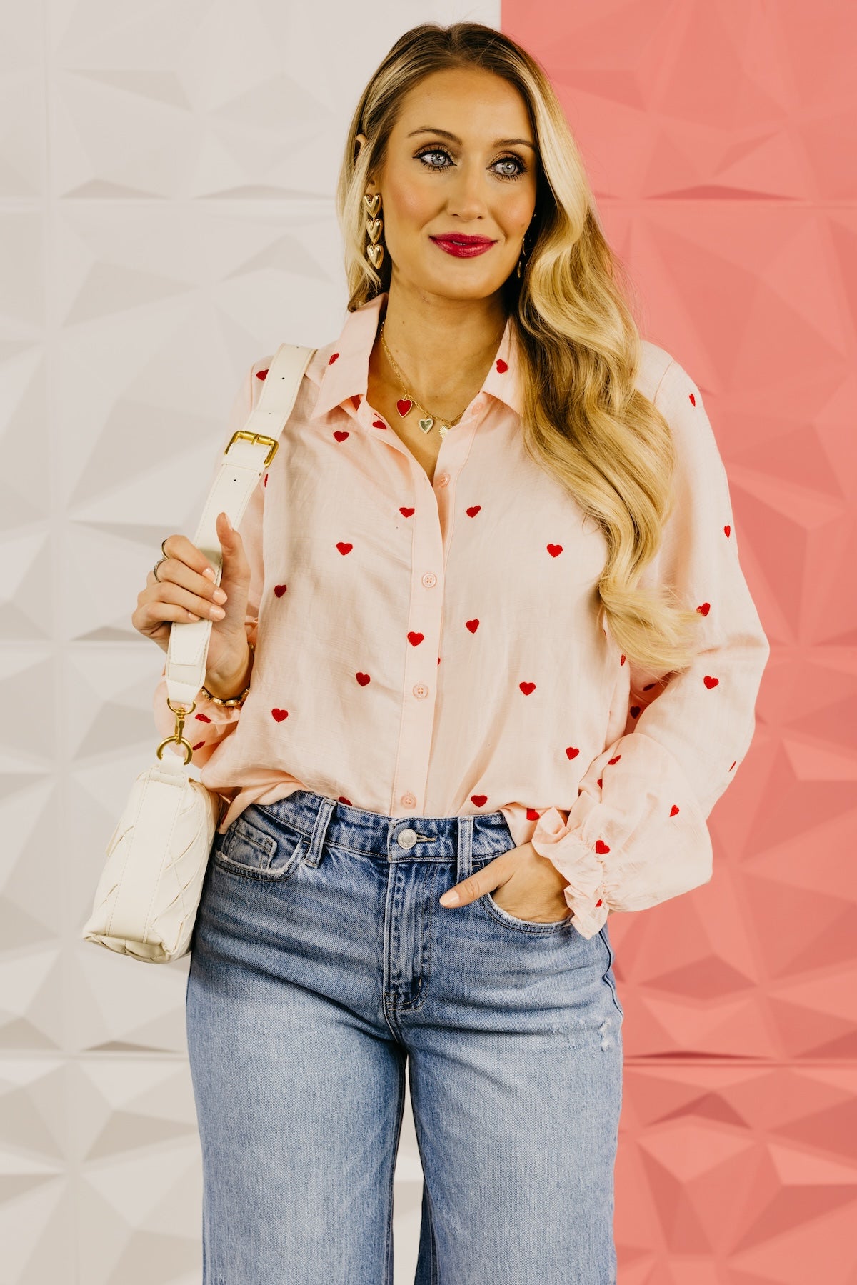 The Meredith Embroidered Heart Button Down Top