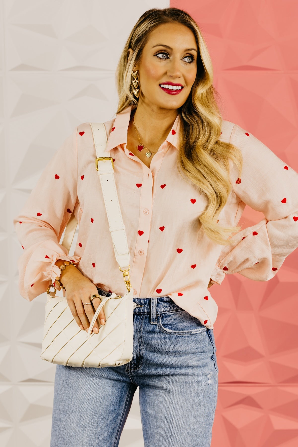 The Meredith Embroidered Heart Button Down Top