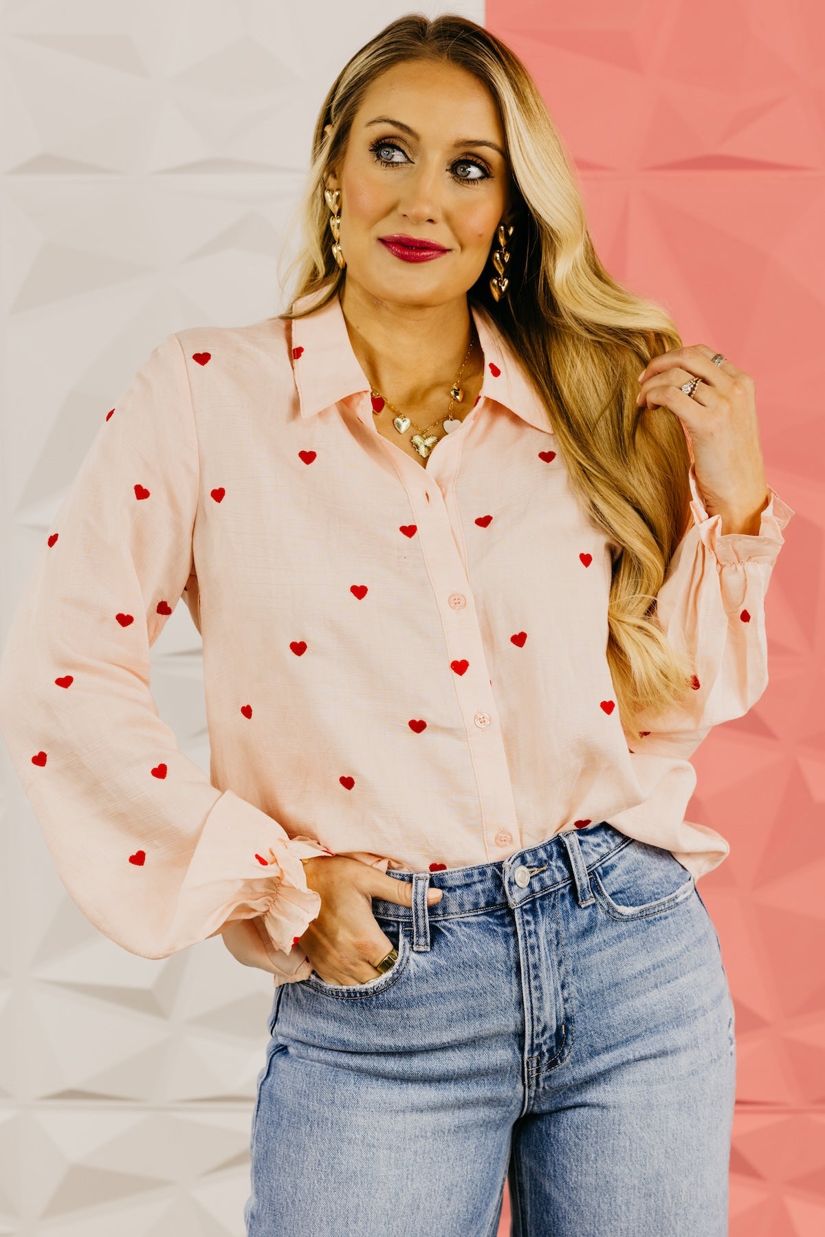 The Meredith Embroidered Heart Button Down Top