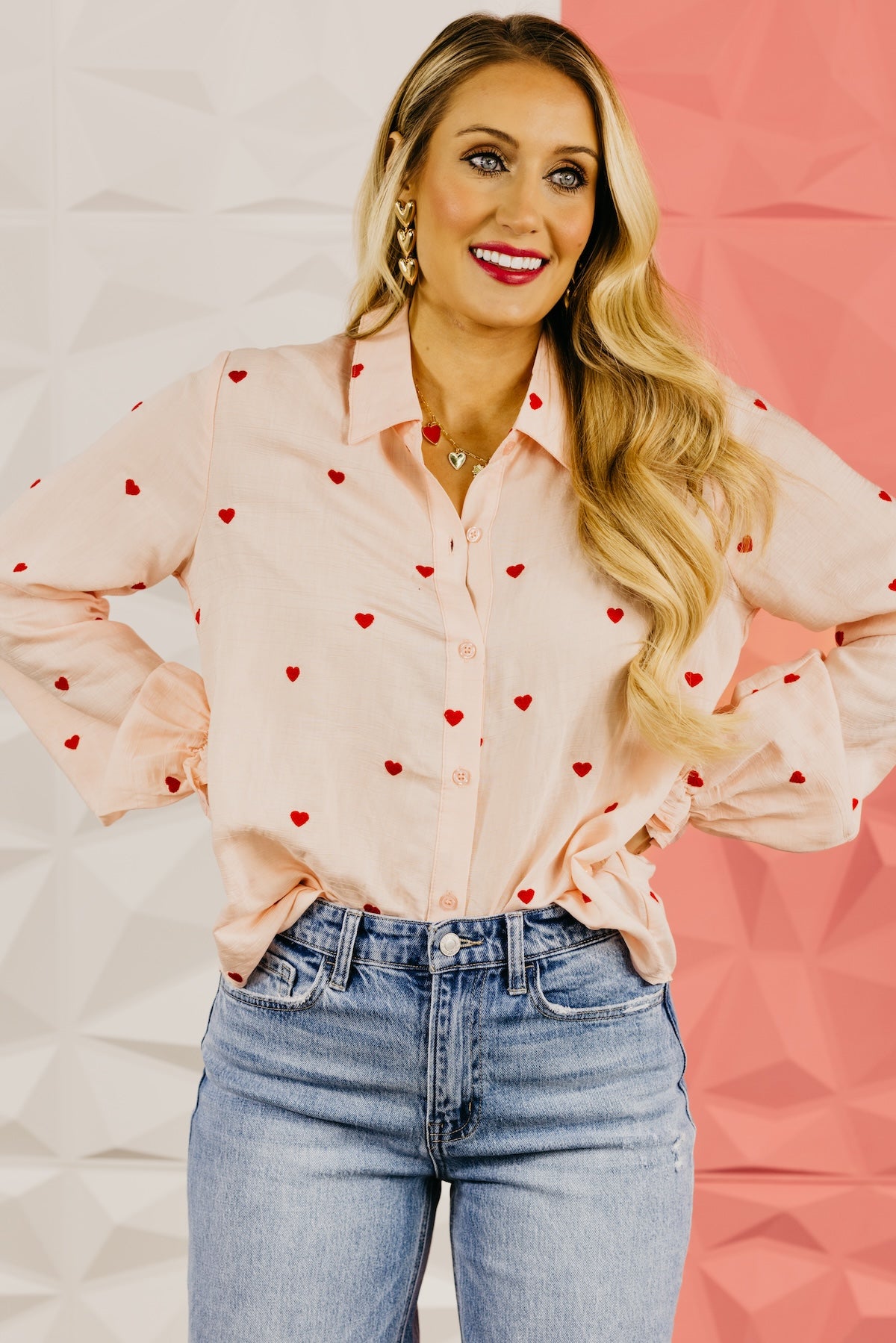 The Meredith Embroidered Heart Button Down Top