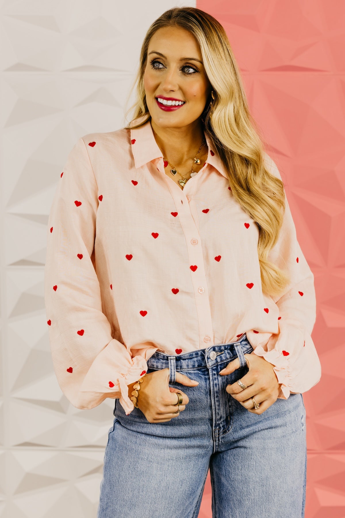 The Meredith Embroidered Heart Button Down Top