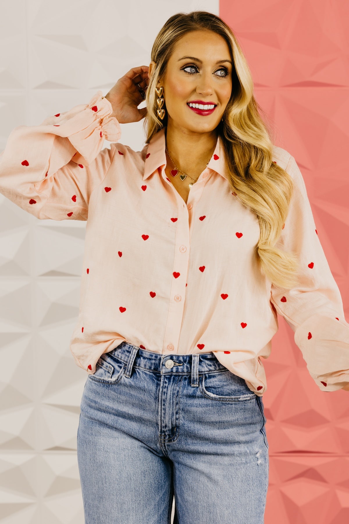 The Meredith Embroidered Heart Button Down Top