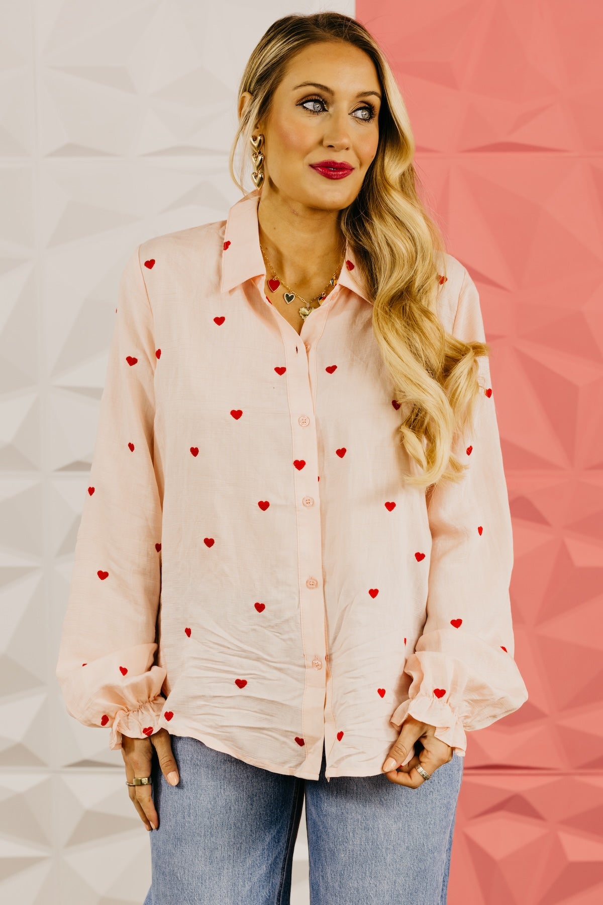 The Meredith Embroidered Heart Button Down Top