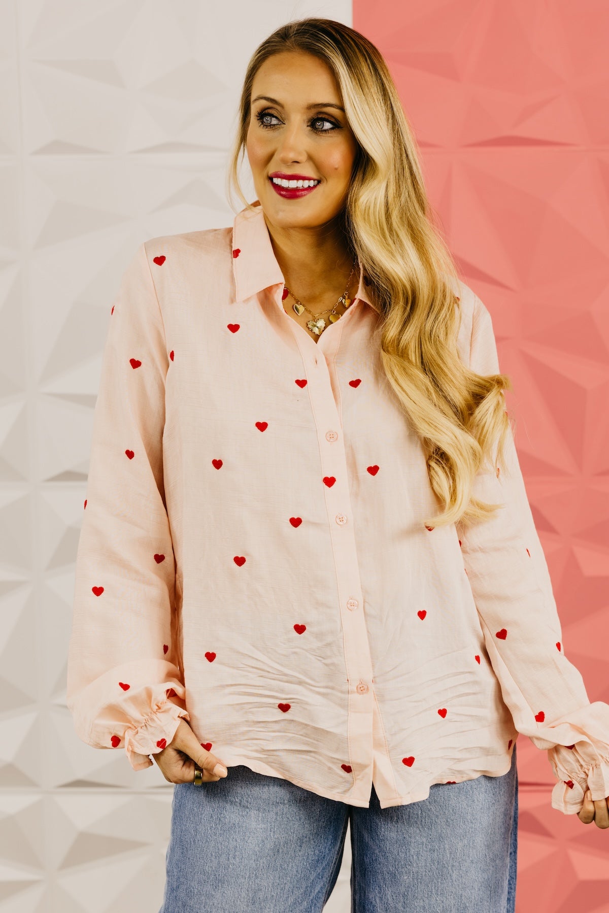 The Meredith Embroidered Heart Button Down Top