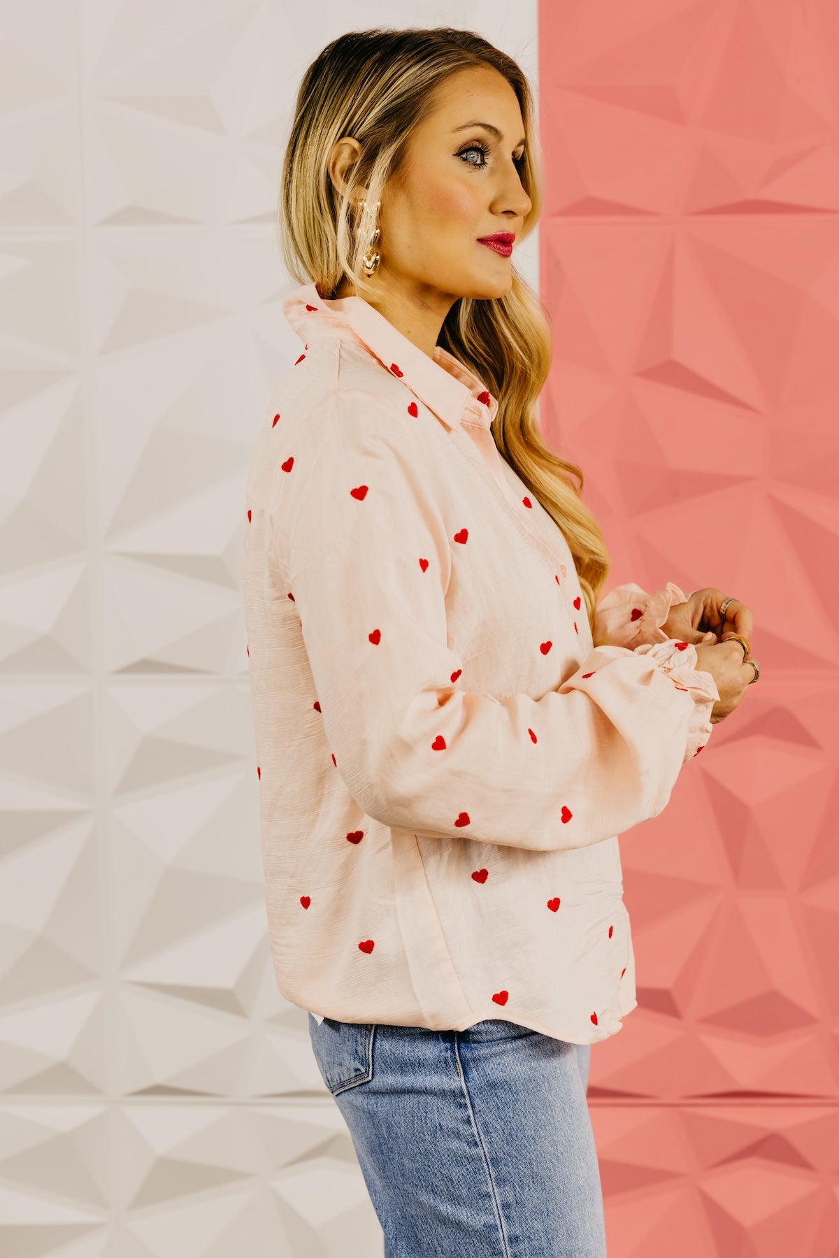 The Meredith Embroidered Heart Button Down Top