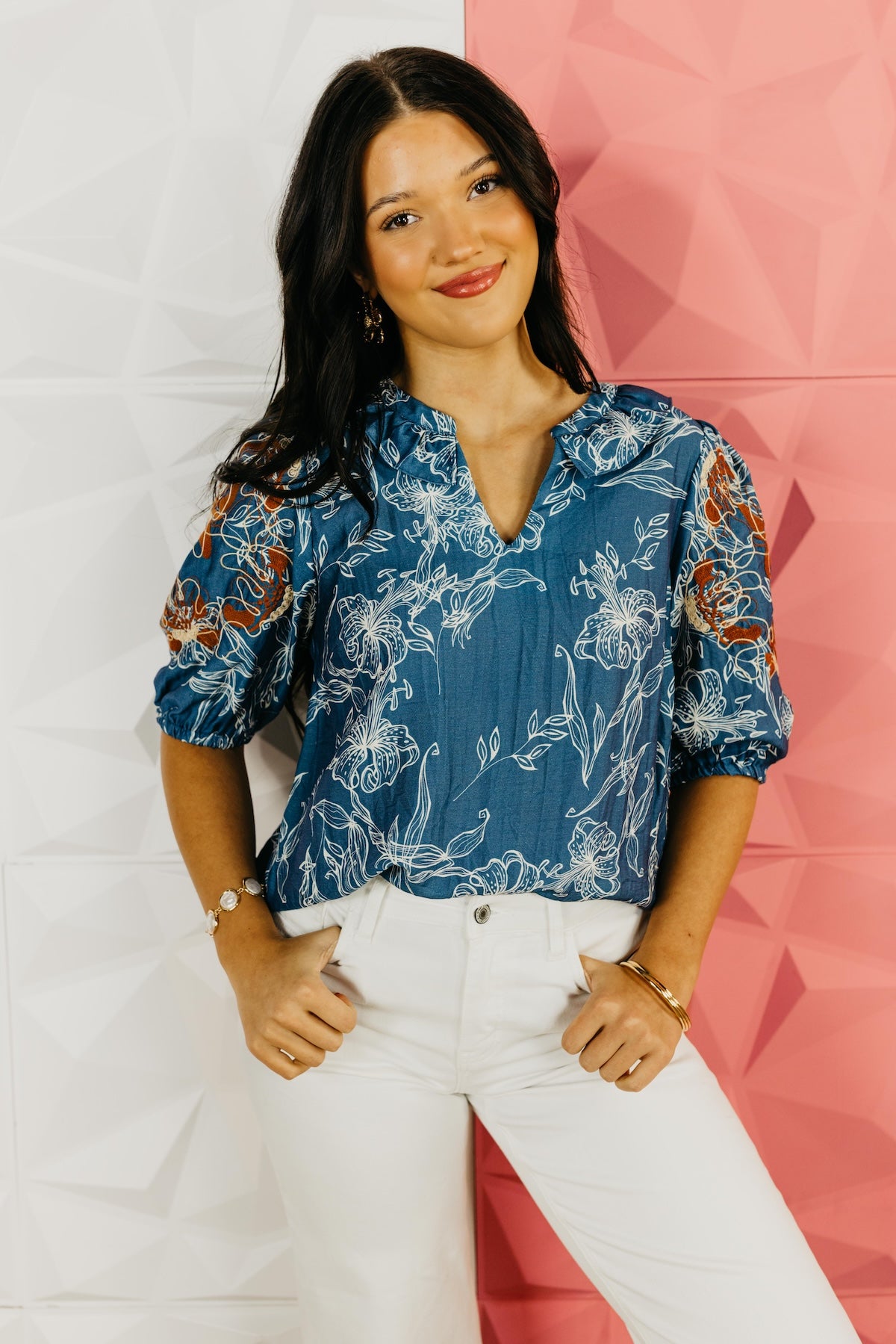 The Roman Puff Sleeve Embroidered Top