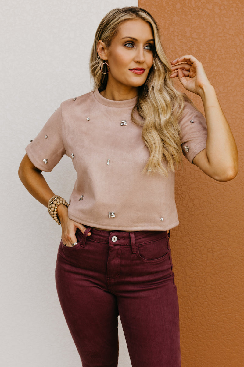 The Quinlan Faux Suede Jewel Top