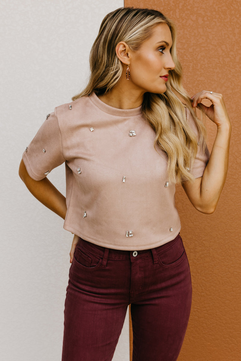 The Quinlan Faux Suede Jewel Top