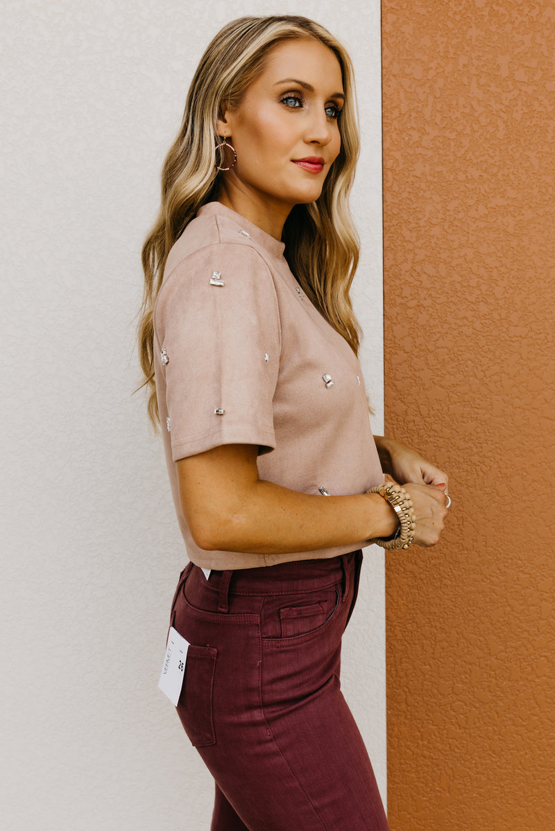 The Quinlan Faux Suede Jewel Top