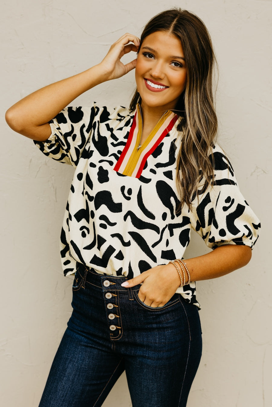 The Ebby Quarter Zip Print Top
