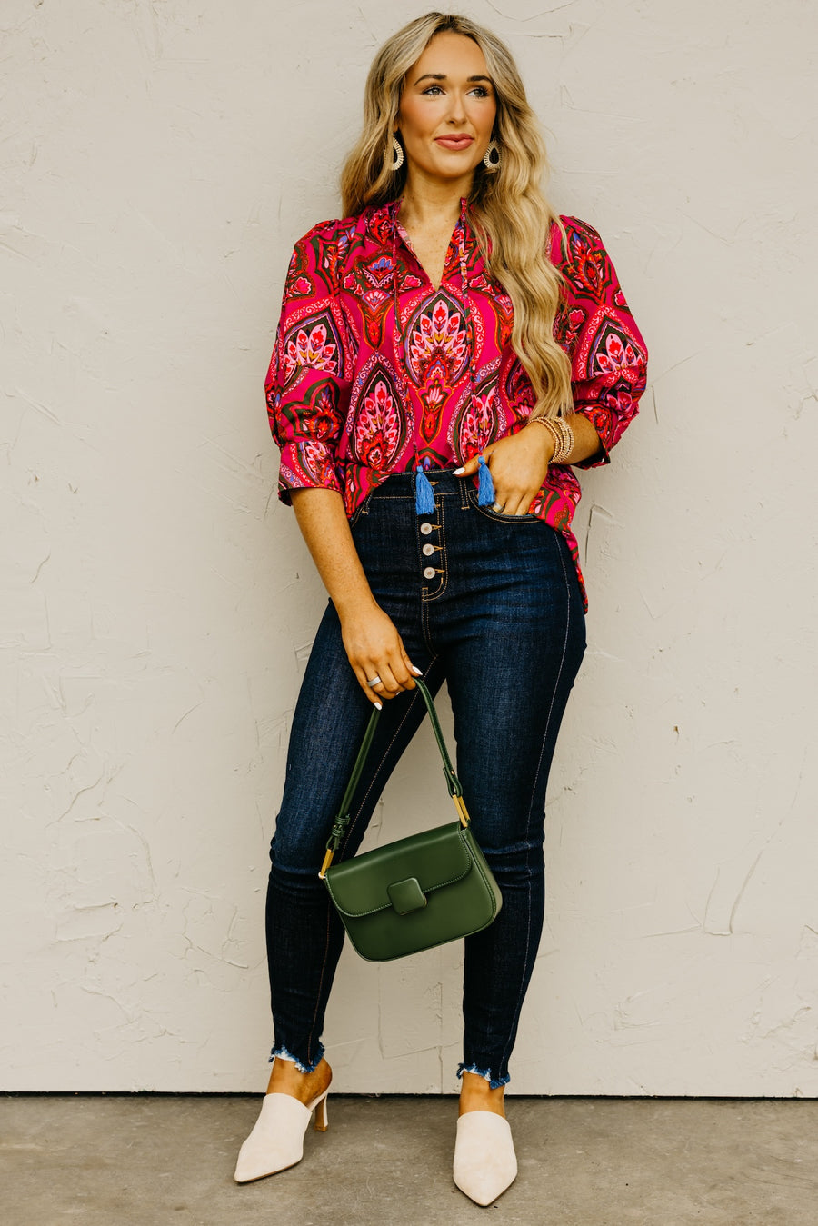 The Crystal Print Split Neck Woven Top