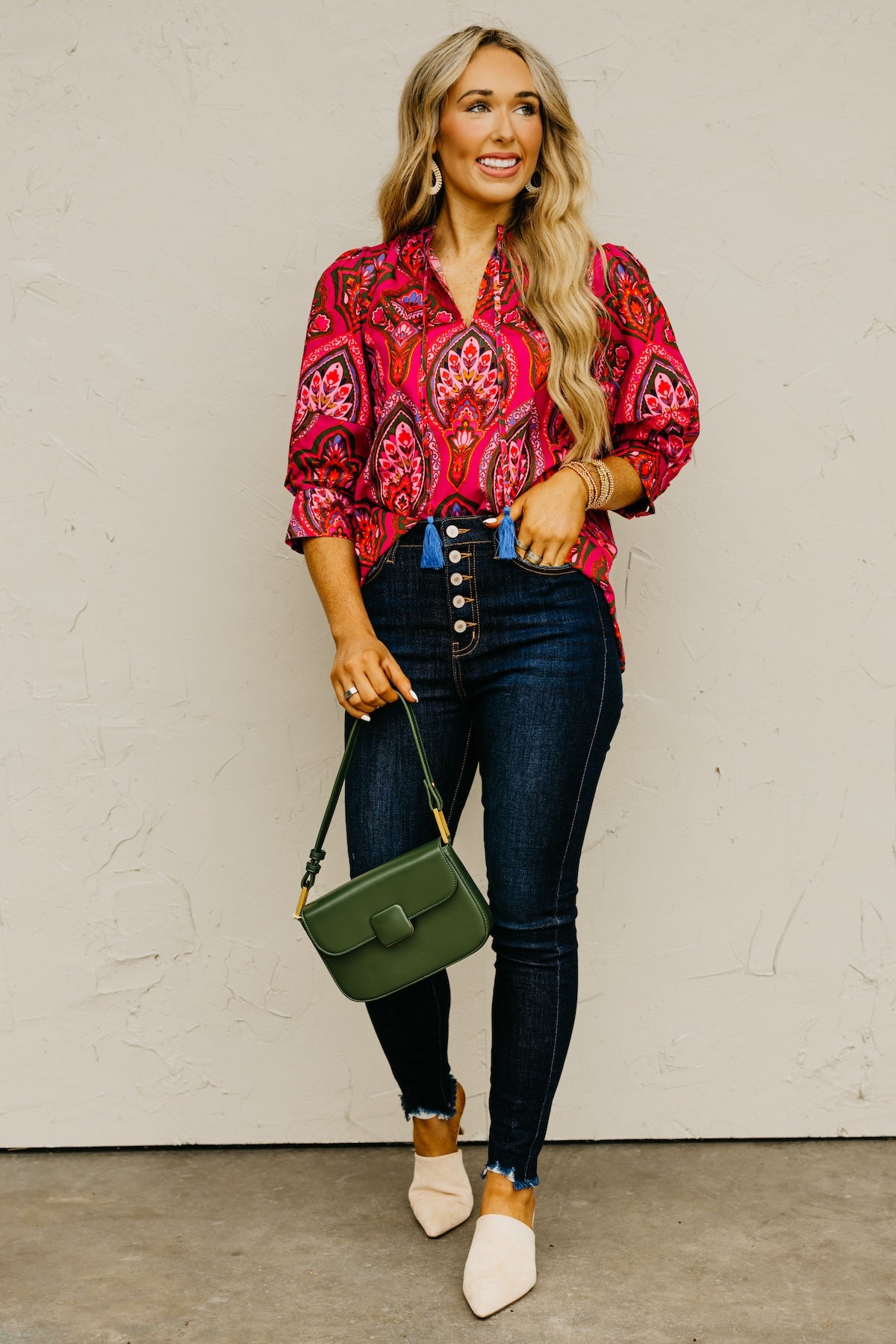 The Crystal Print Split Neck Woven Top