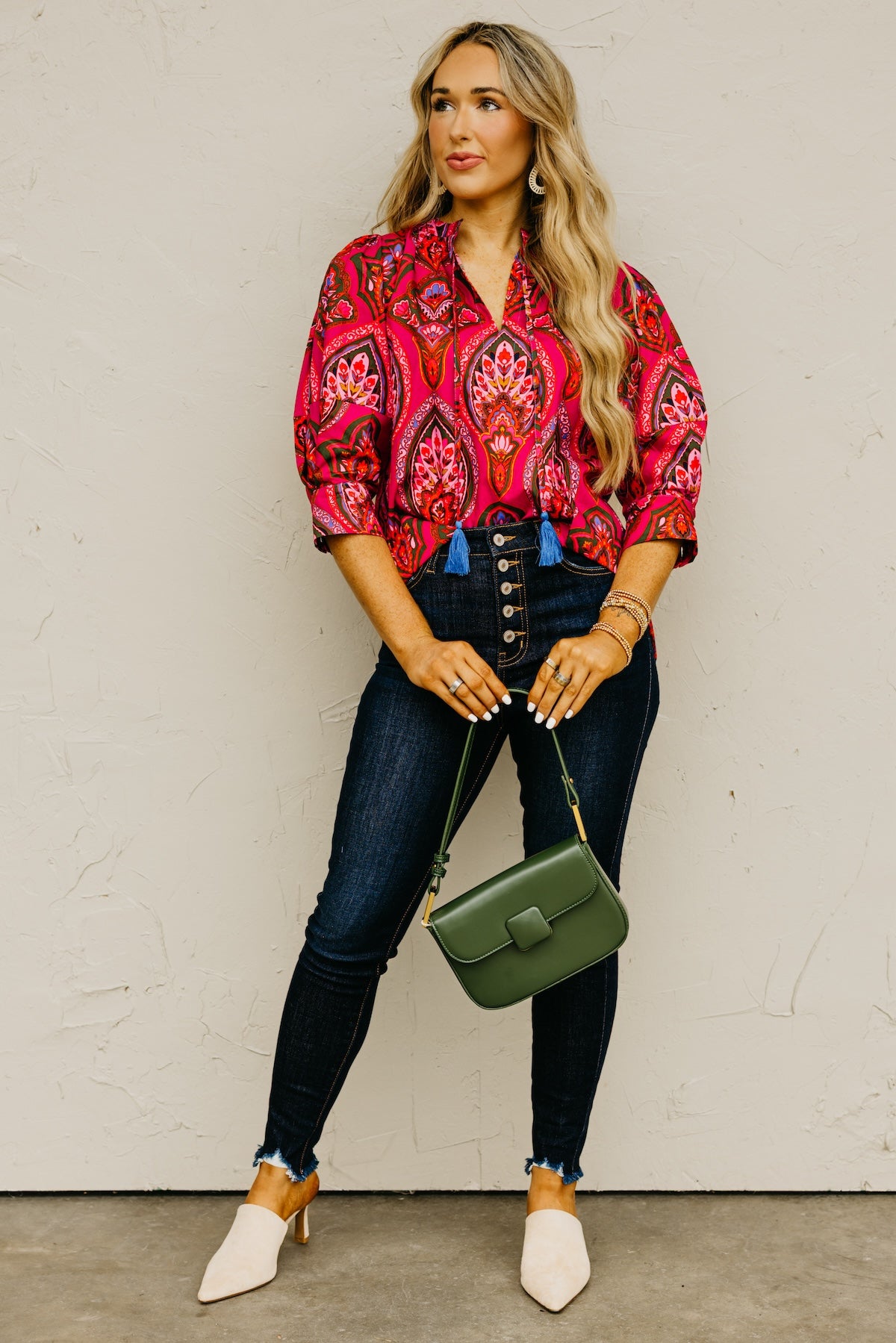 The Crystal Print Split Neck Woven Top