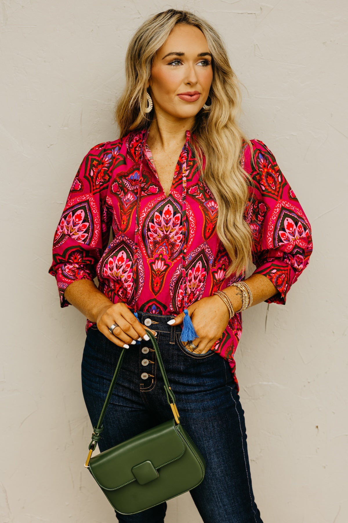 The Crystal Print Split Neck Woven Top