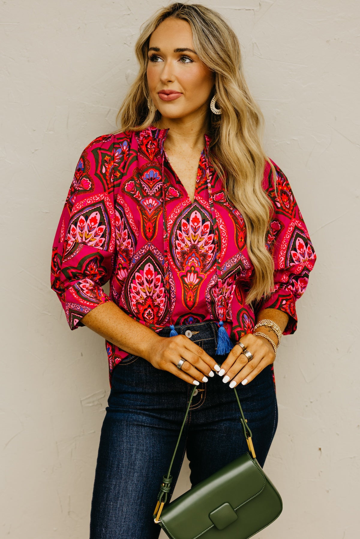 The Crystal Print Split Neck Woven Top