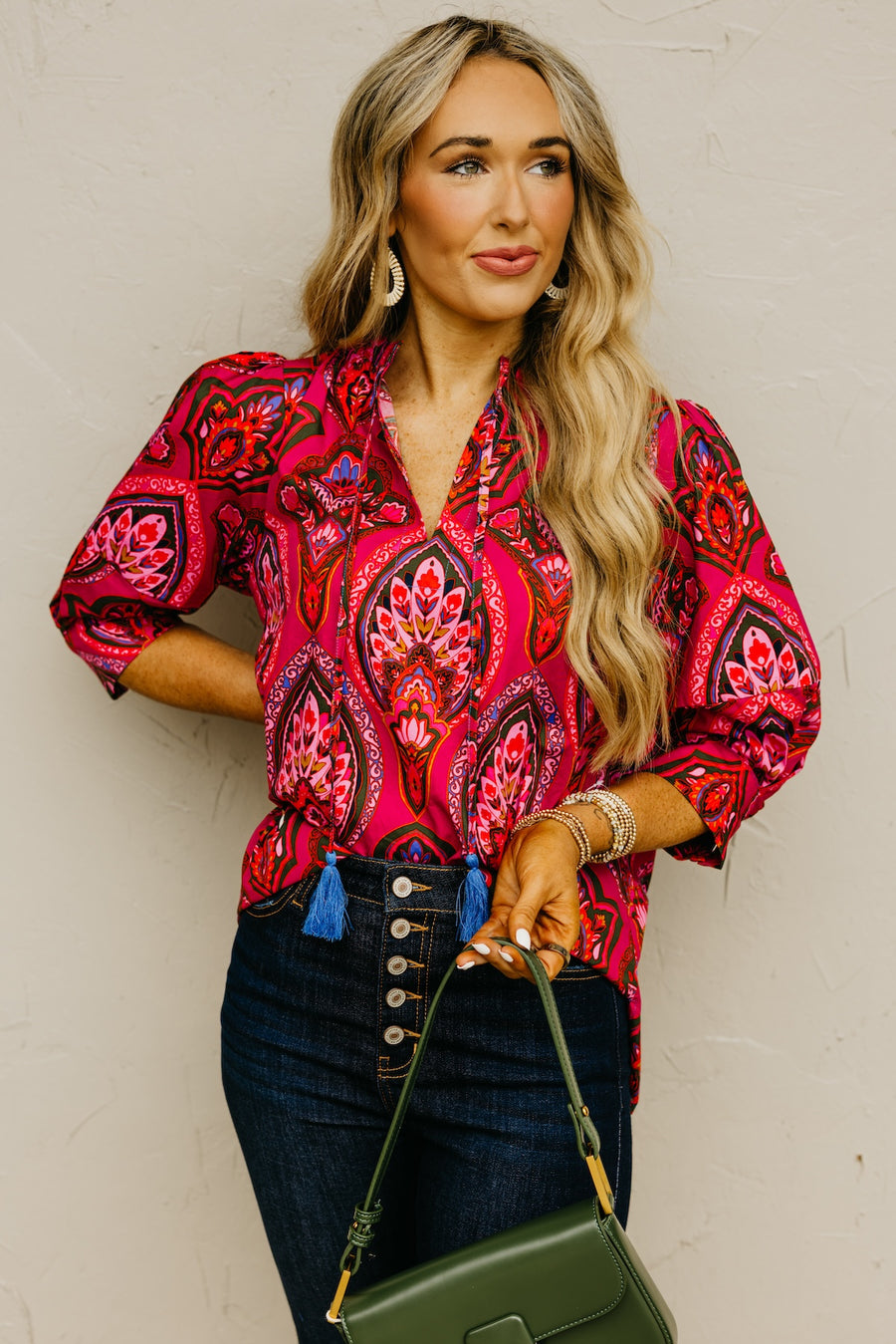 The Crystal Print Split Neck Woven Top