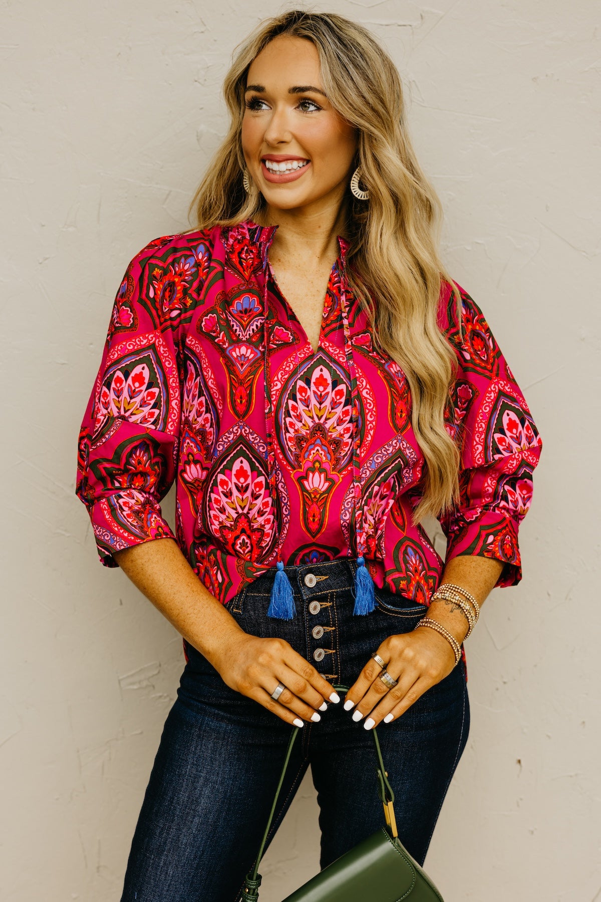 The Crystal Print Split Neck Woven Top
