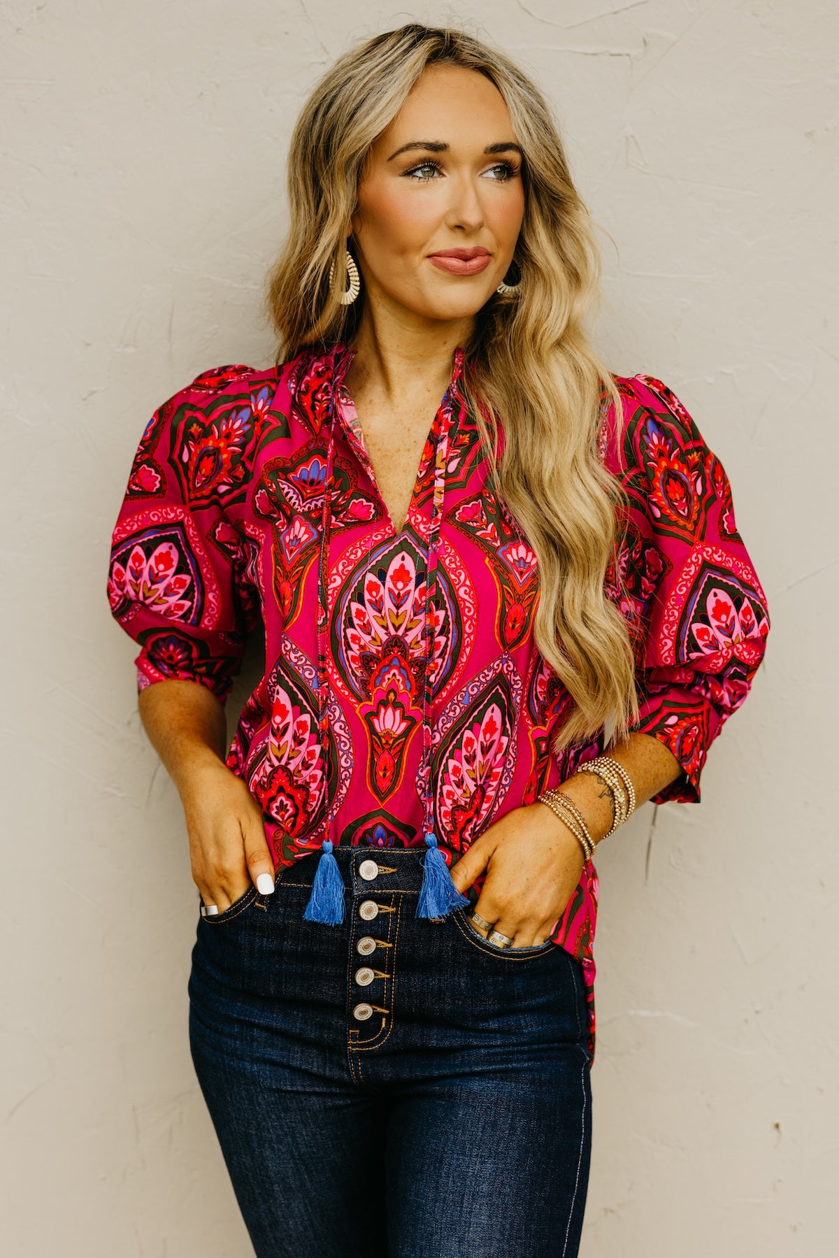The Crystal Print Split Neck Woven Top