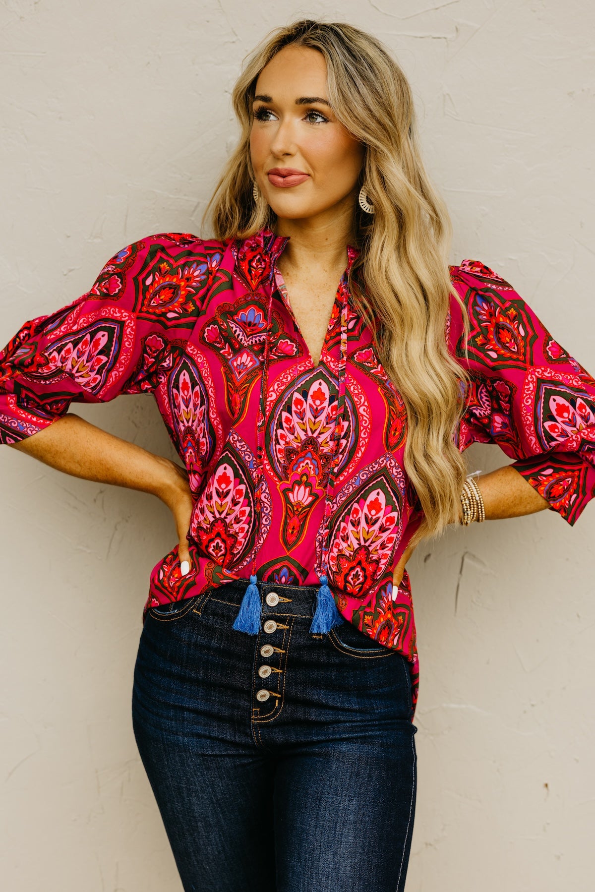 The Crystal Print Split Neck Woven Top
