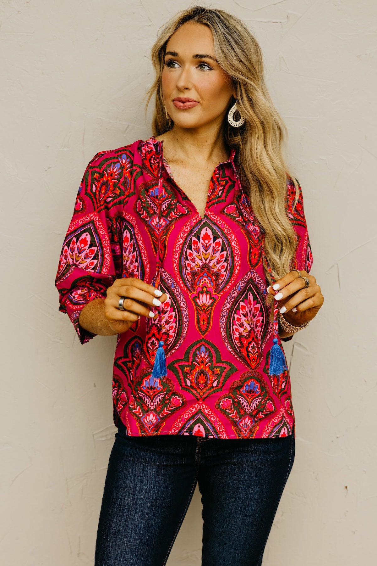 The Crystal Print Split Neck Woven Top
