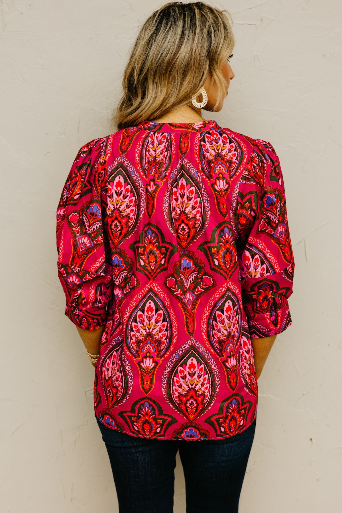 The Crystal Print Split Neck Woven Top