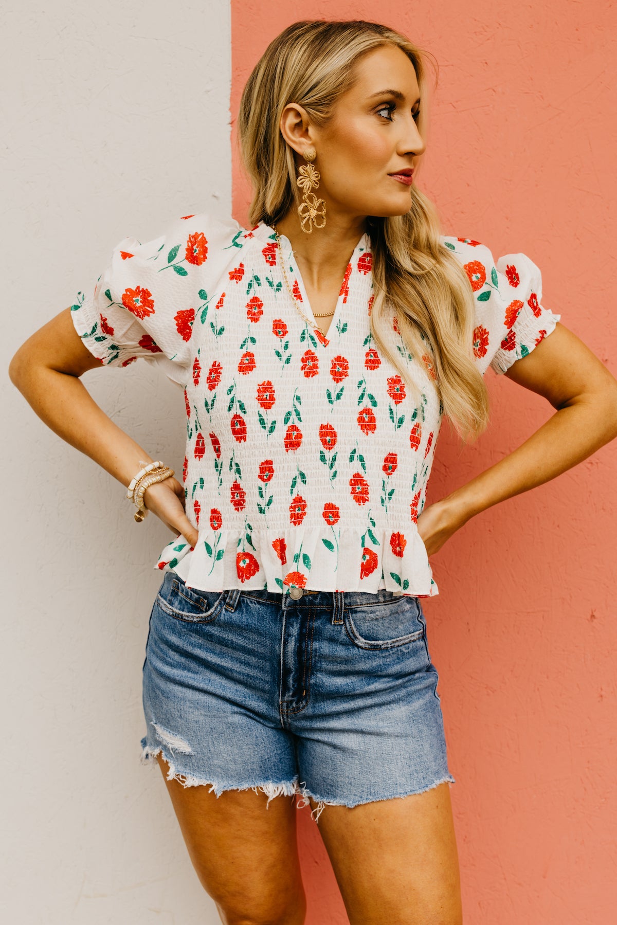 The Derrick Floral Smocked Bodice Top