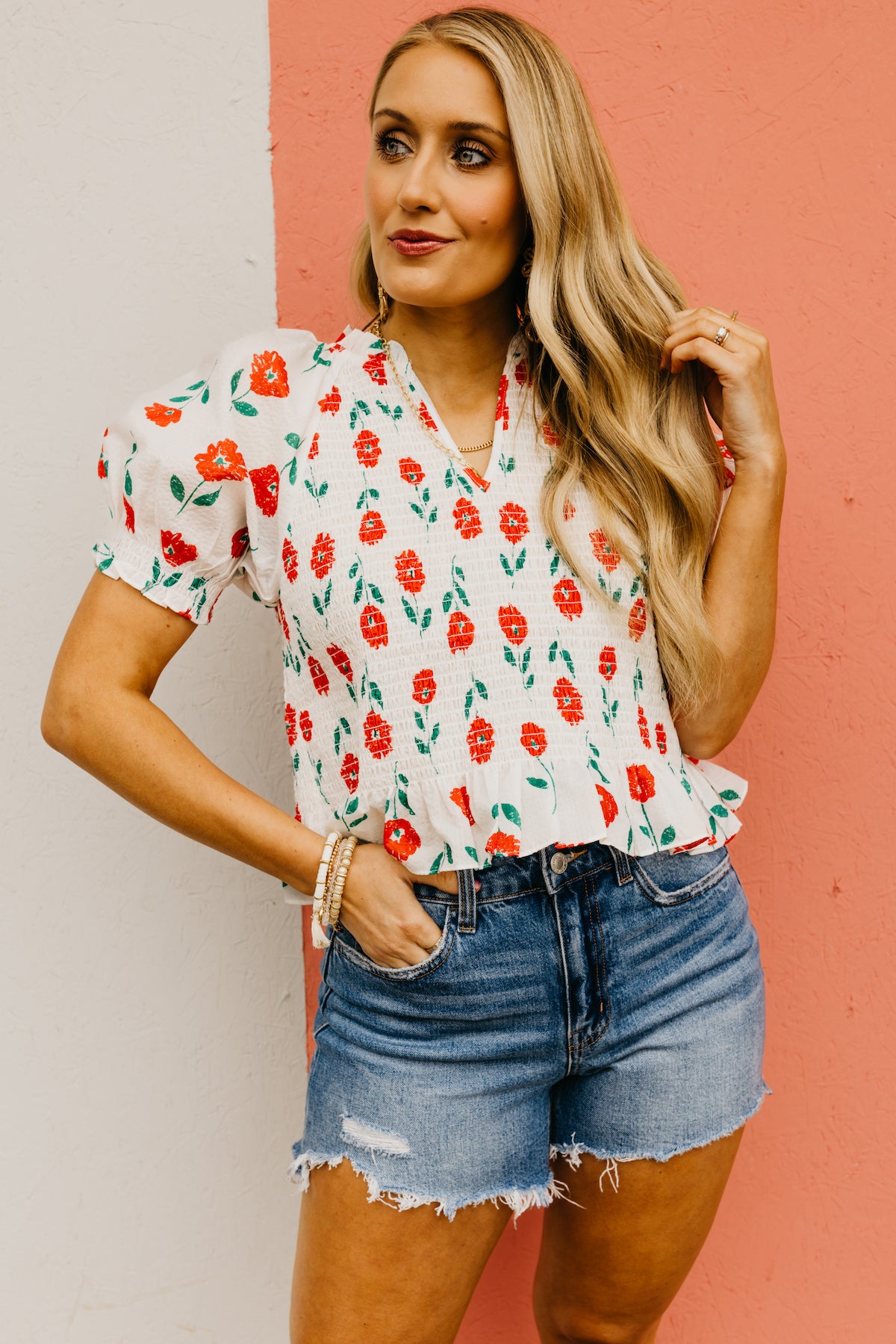 The Derrick Floral Smocked Bodice Top
