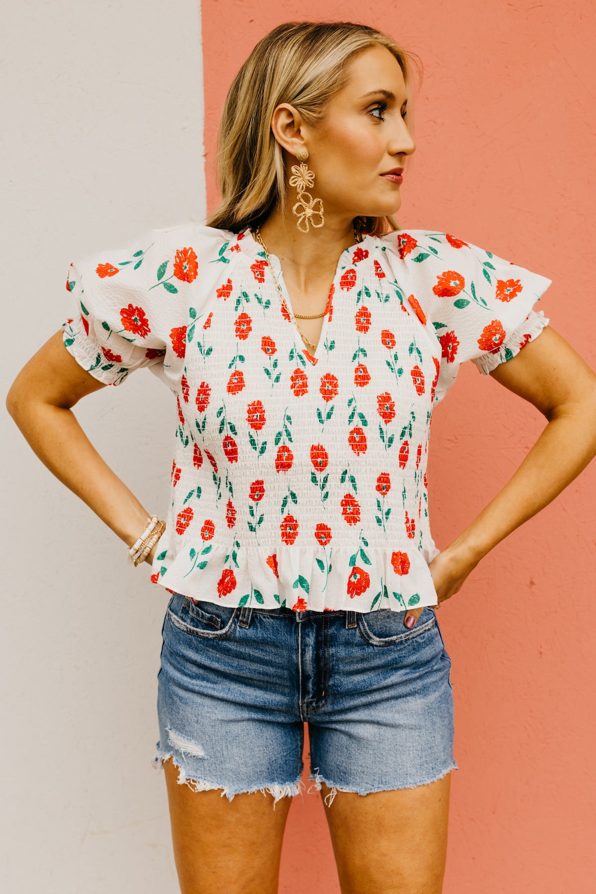 The Derrick Floral Smocked Bodice Top