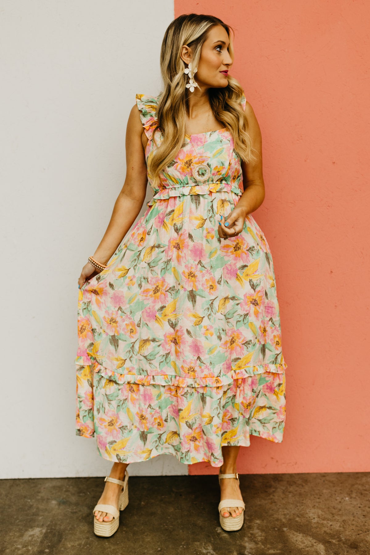 The Gracelynn Floral Watercolor Ruffle Midi Dress