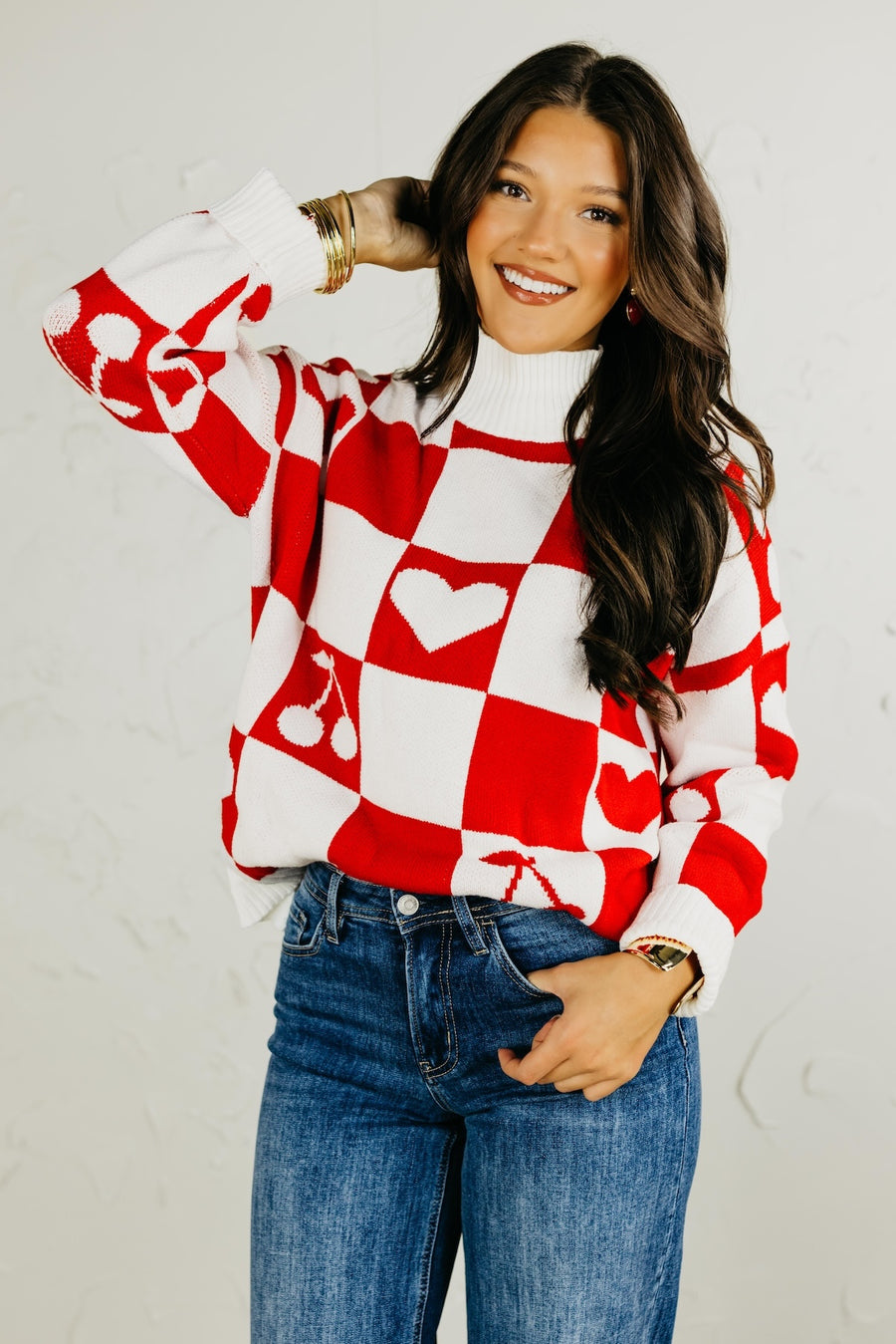 The Maisie Checkered Heart and Cherry Sweater