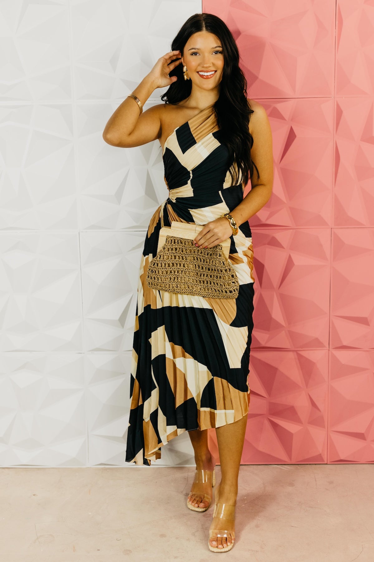 The Damian Pleated One Shoulder Midi Dress