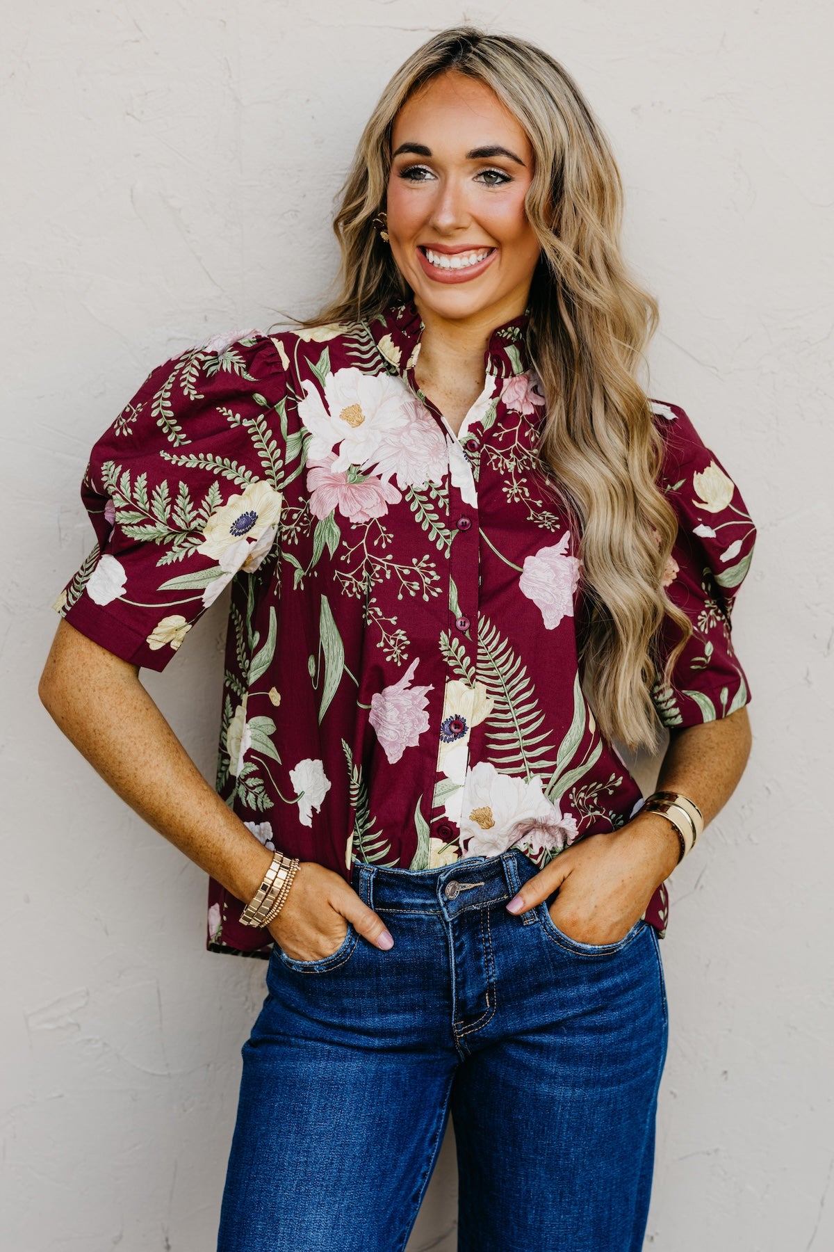 The Aslan Floral Woven Button Front Top