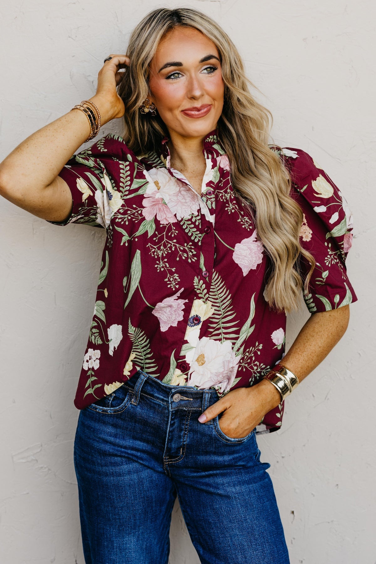 The Aslan Floral Woven Button Front Top