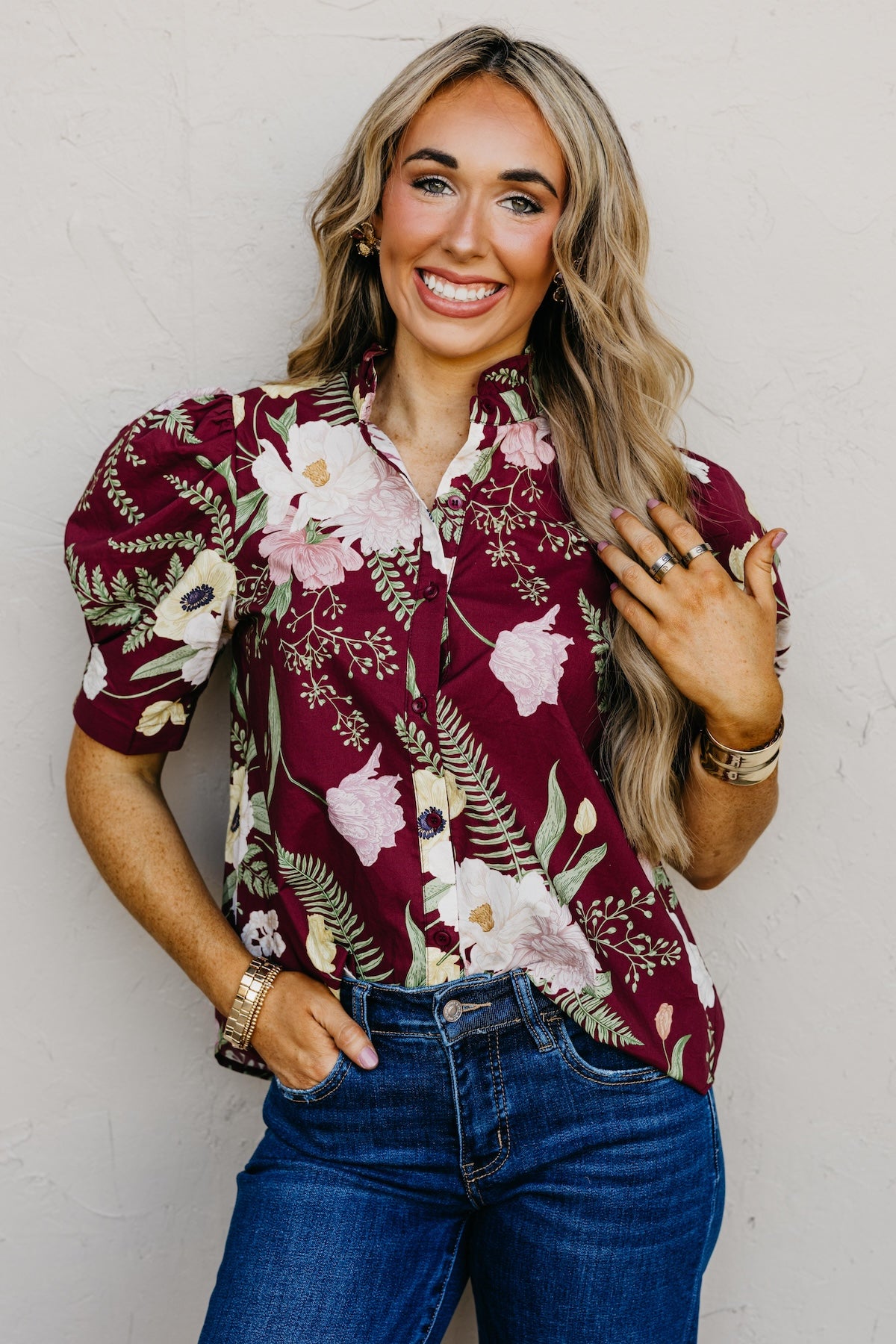 The Aslan Floral Woven Button Front Top