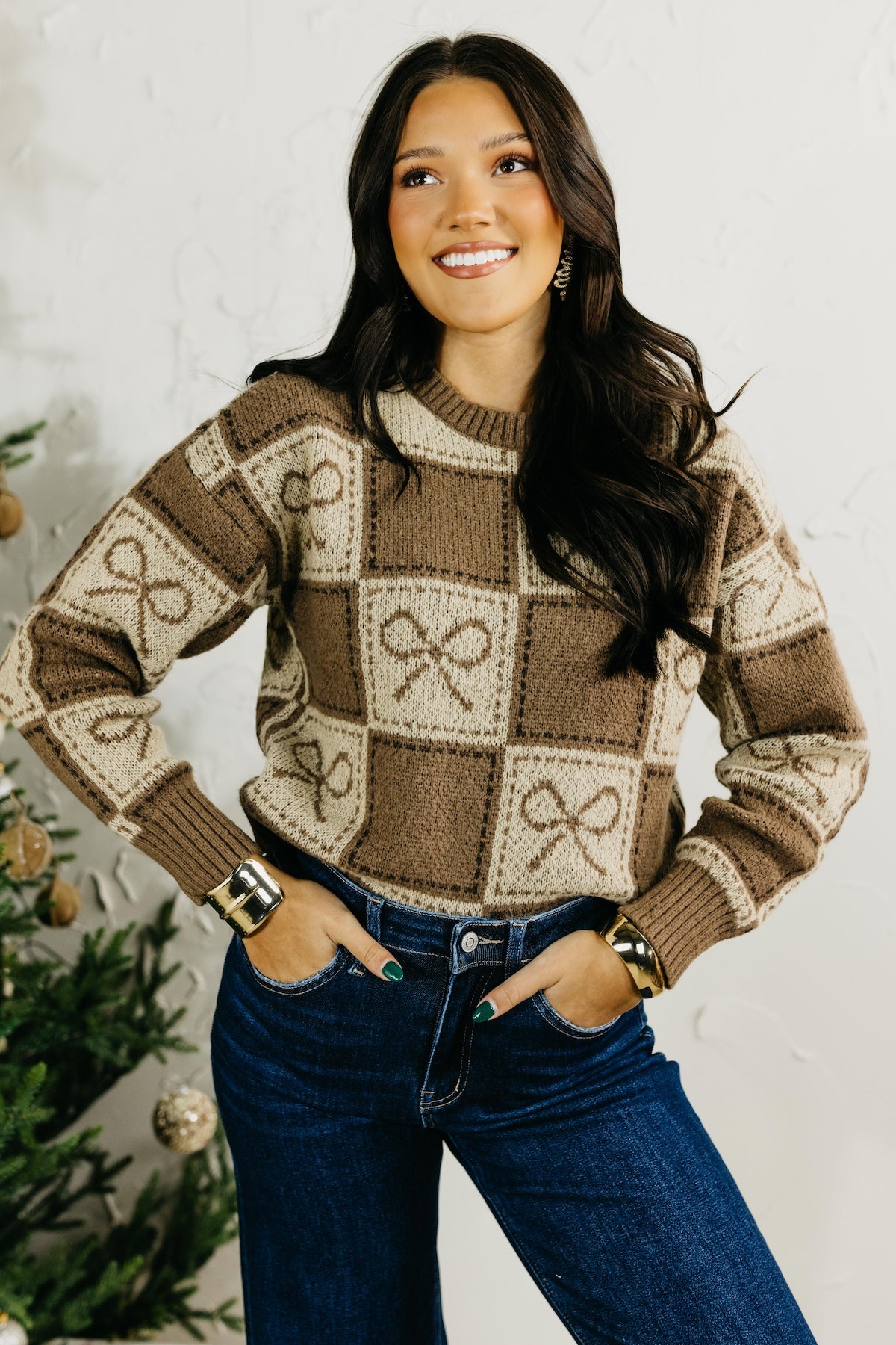 The Bowie Checkered Bow Jacquard Sweater