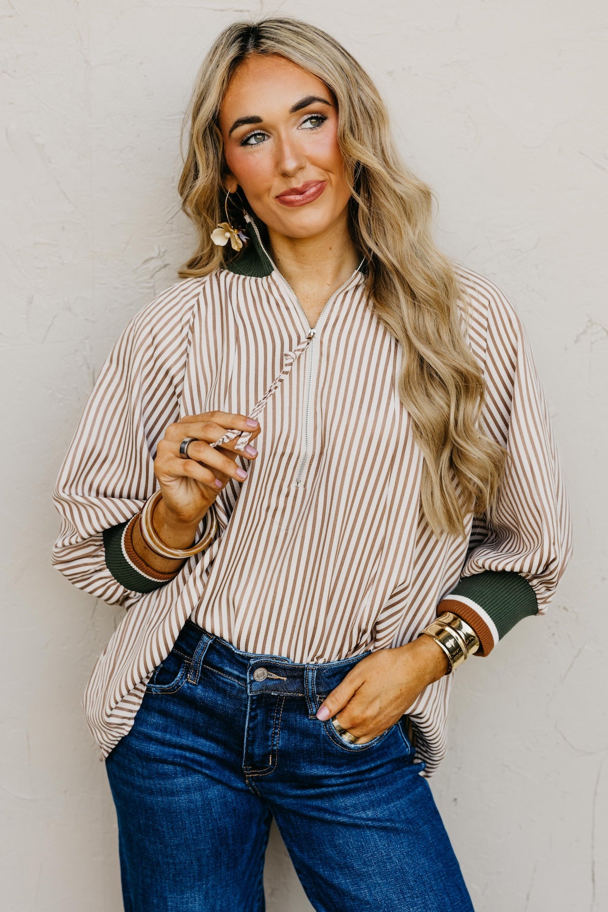The Kelley Contrast Quarter Zip Woven Top