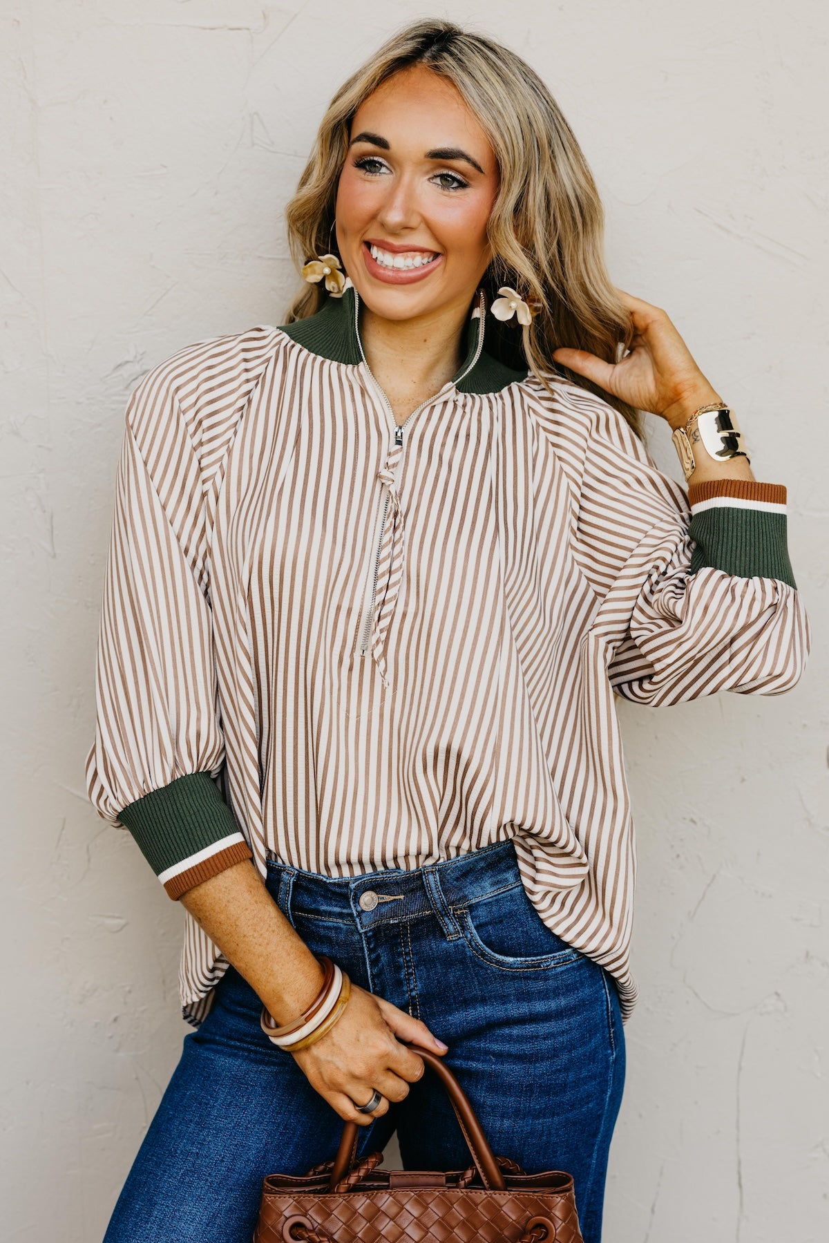 The Kelley Contrast Quarter Zip Woven Top