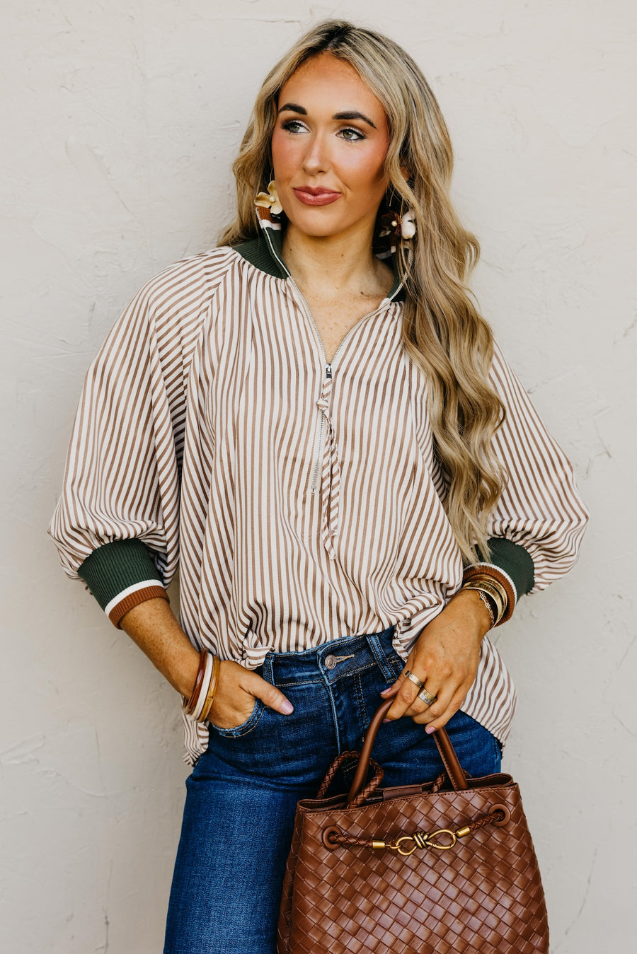 The Kelley Contrast Quarter Zip Woven Top