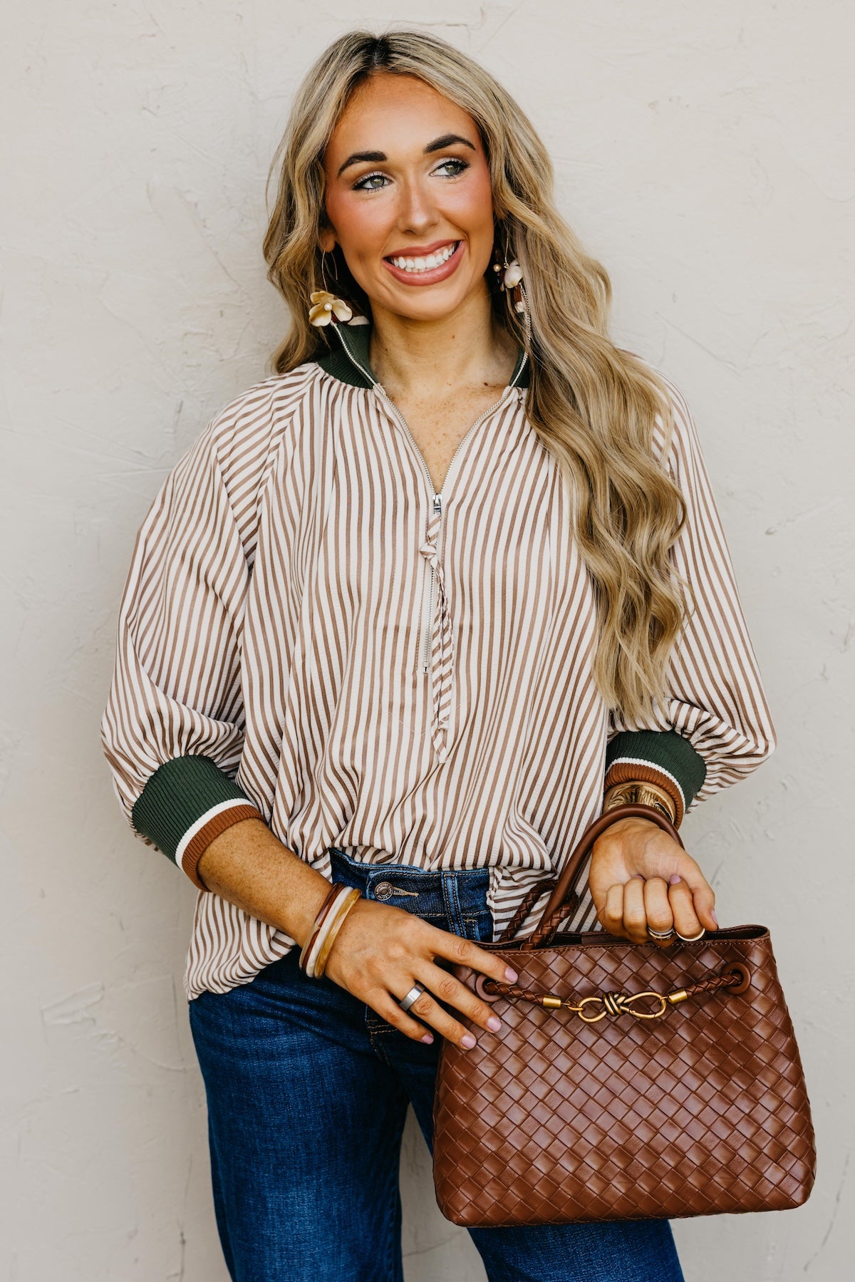 The Kelley Contrast Quarter Zip Woven Top