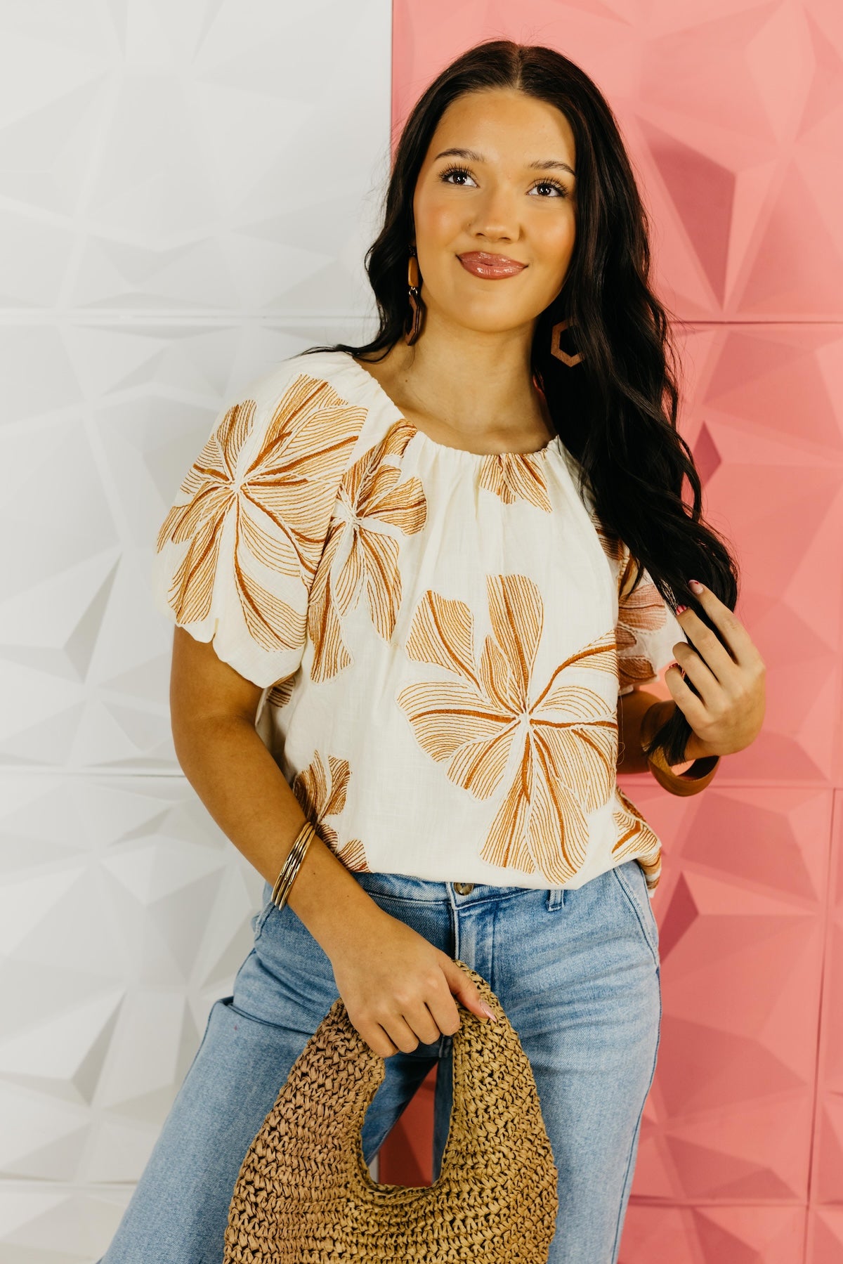 The Mia Puff Sleeve Floral Embroidered Top