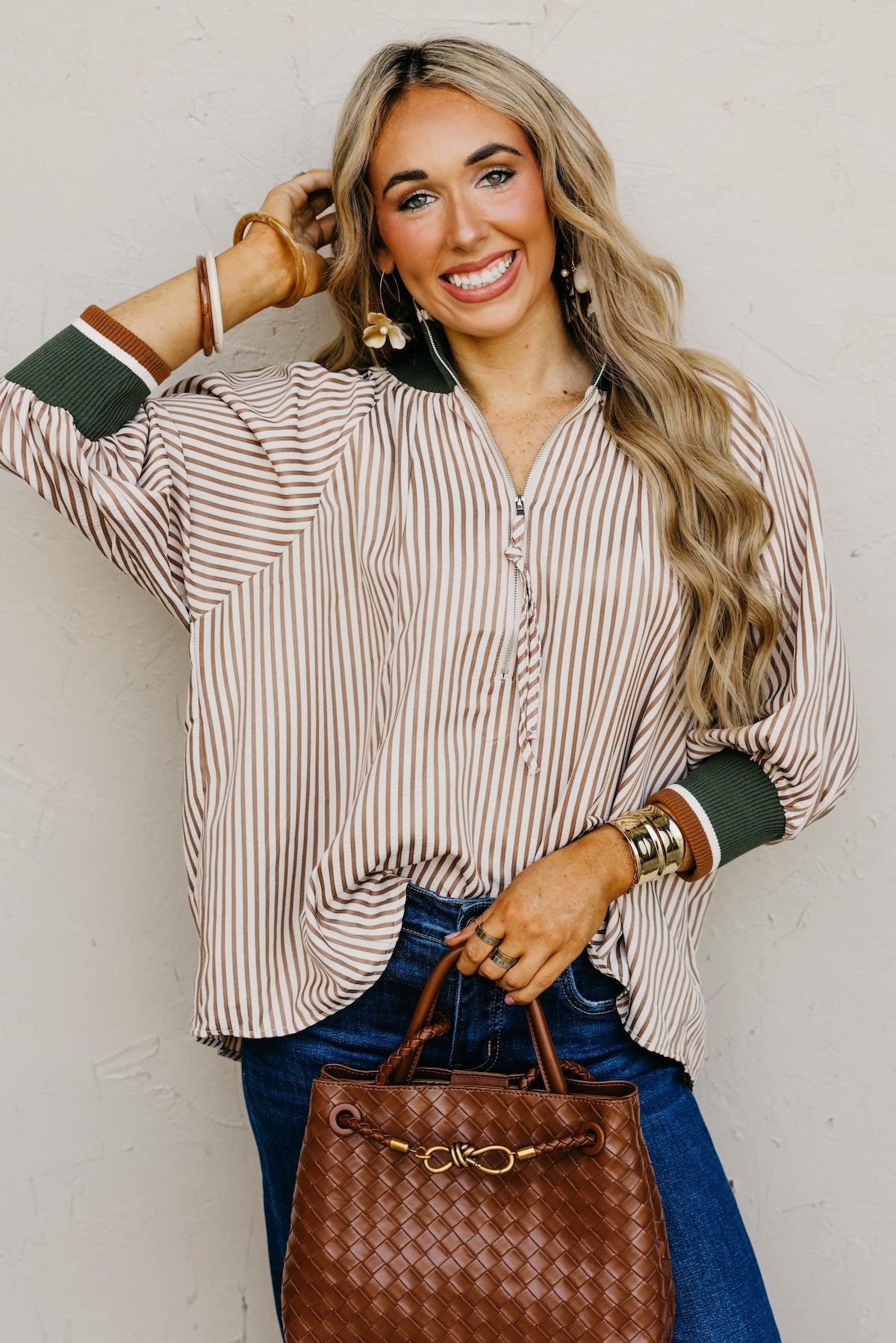 The Kelley Contrast Quarter Zip Woven Top