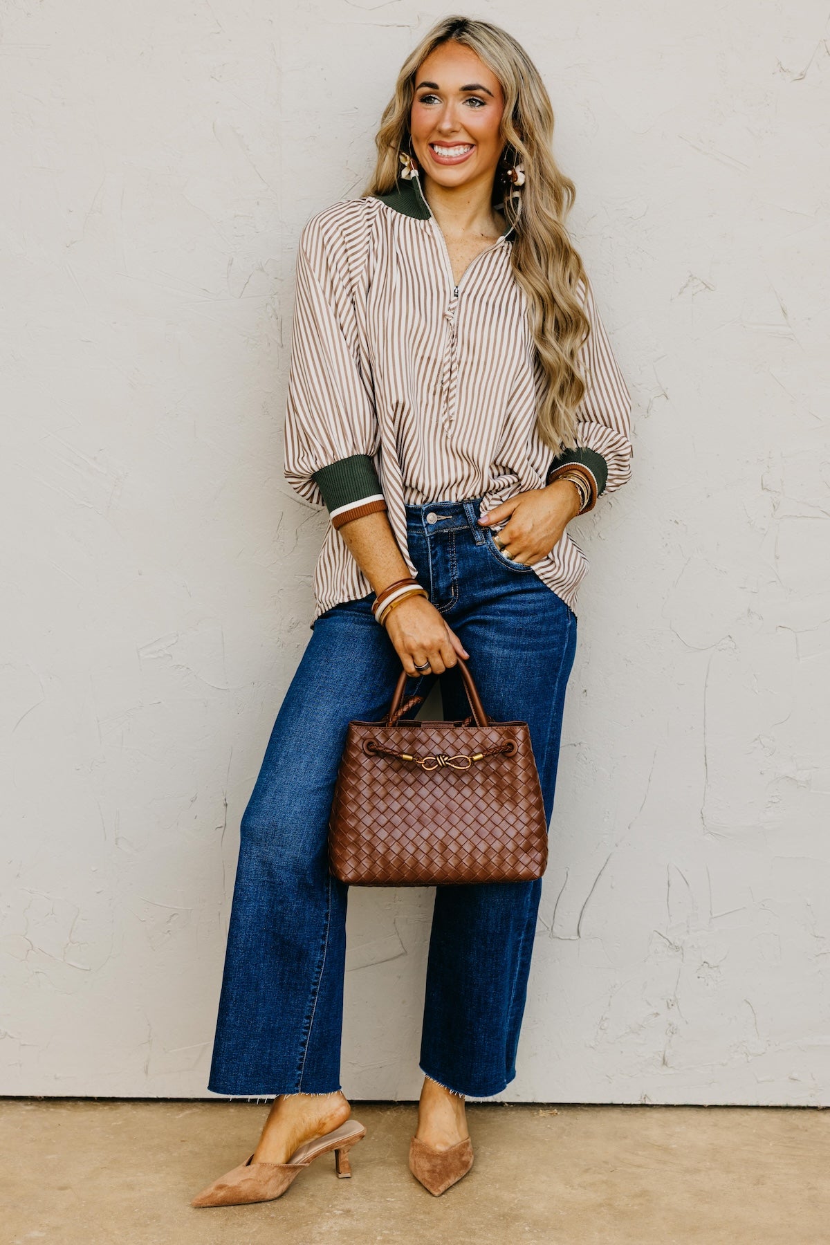 The Kelley Contrast Quarter Zip Woven Top