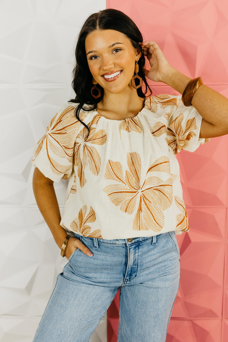 The Mia Puff Sleeve Floral Embroidered Top