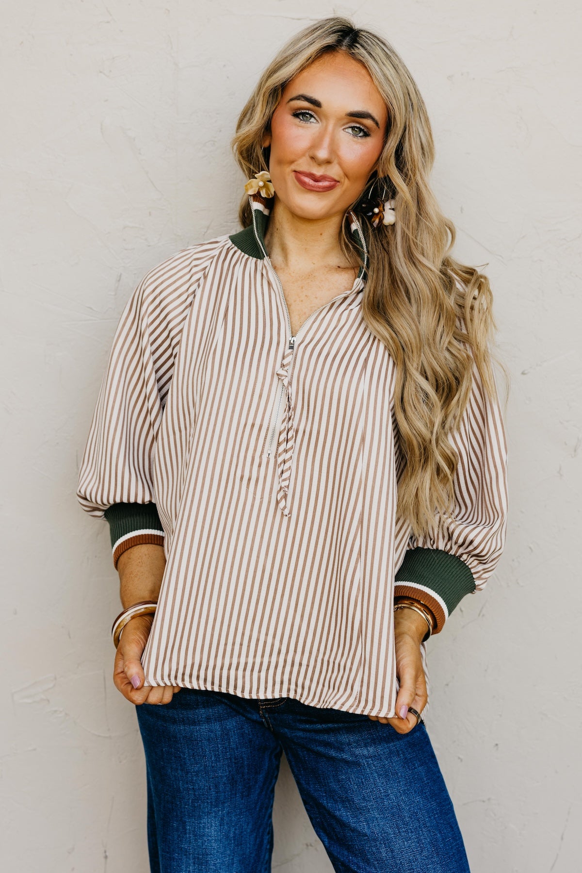 The Kelley Contrast Quarter Zip Woven Top