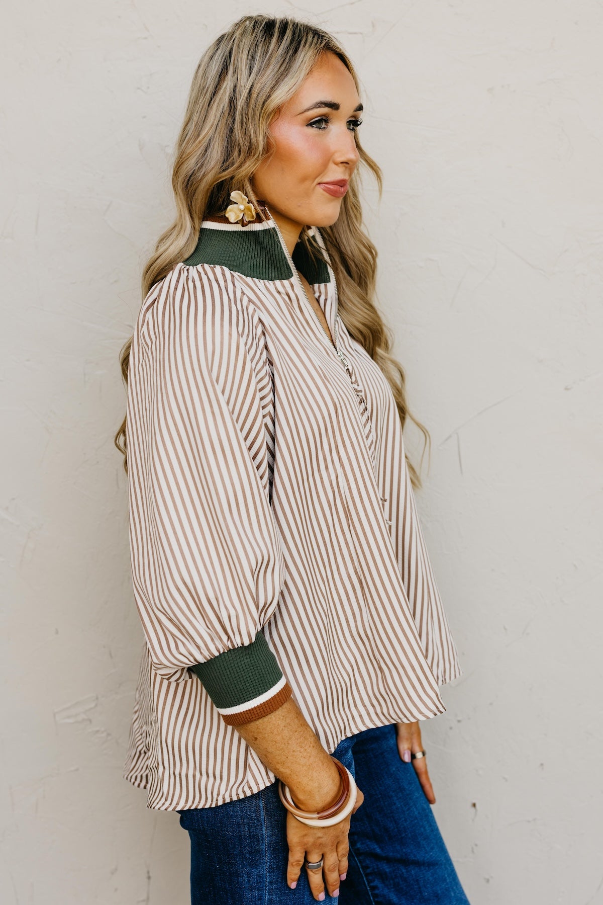 The Kelley Contrast Quarter Zip Woven Top