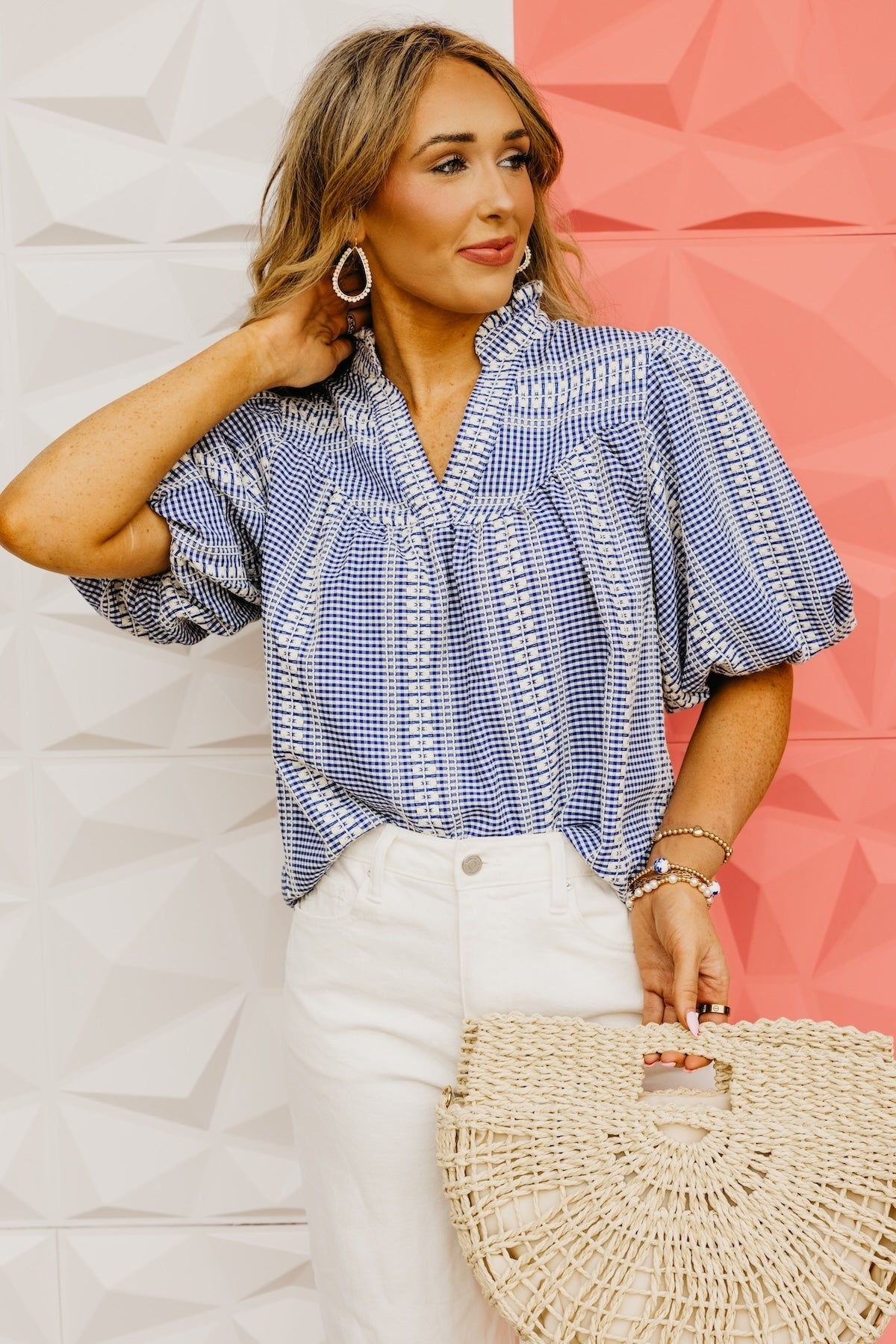 The Lewis Puff Sleeve Embroidered Gingham Top